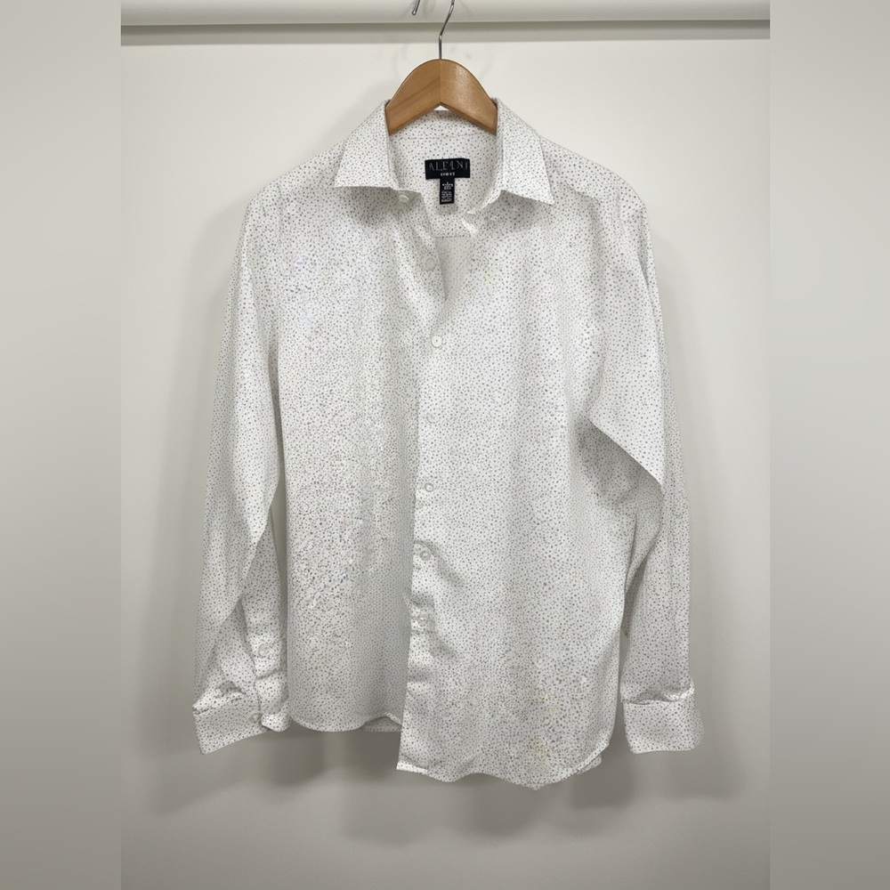 Alfani Men’s Slim Fit Button Down Shirt Large 16–16.5 White Micro Print Cotton